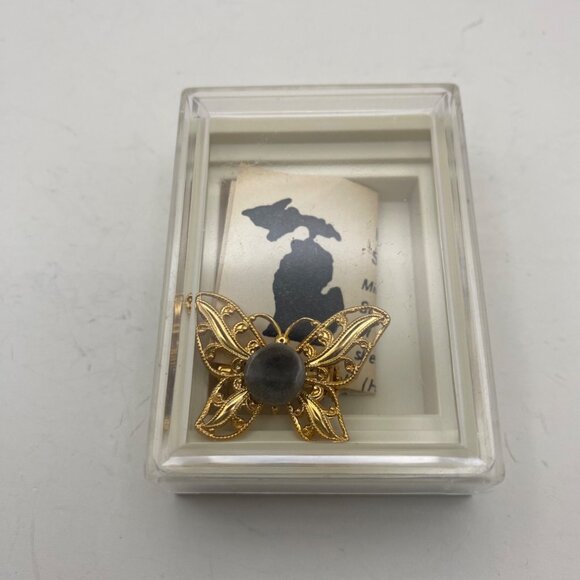 Vtg Petoskey Stone Butterfly Brooch Filigree Gold Tone Pin Box Michigan Fossil - Picture 4 of 10
